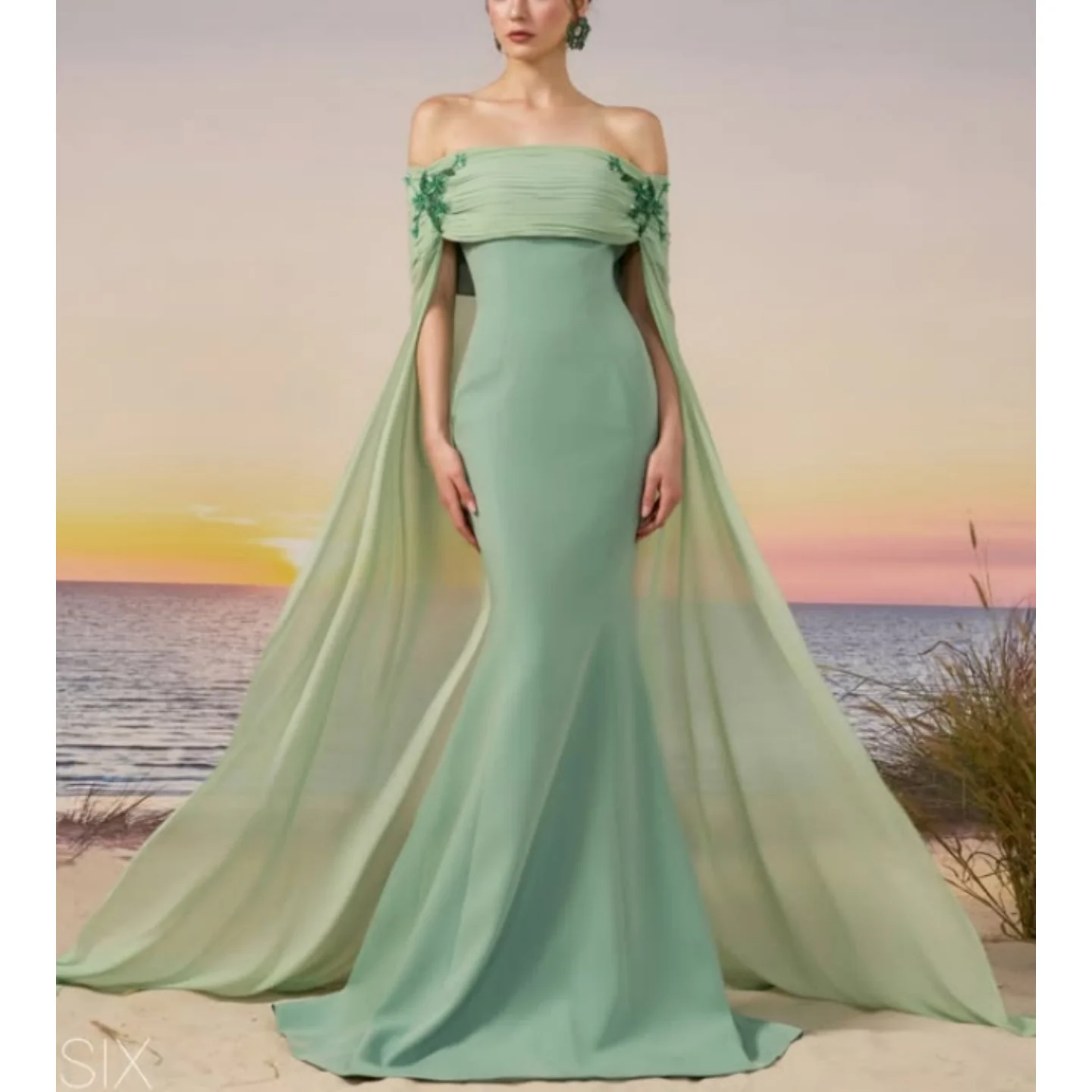 

Glamorous Mint Green Prom Dress Off Shoulder Cape Evening Dress Mermaid Embroidered Formal Banquet Party Gown Customized