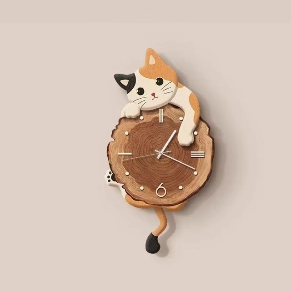 Wall Ornament Cute Cat Wall Clock Tail Swing Home Decoration Wall Mounted Clock Silent Feature Cat Hanging Clock Dormitory
