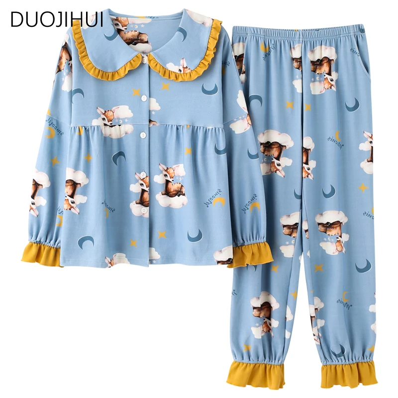 DUOJIHUI-Vêtements de nuit deux pièces doux pour femmes, cardigan imprimé basique, mode, pantalon simple, pyjama décontracté pour la maison, bleu, hiver, nouveau