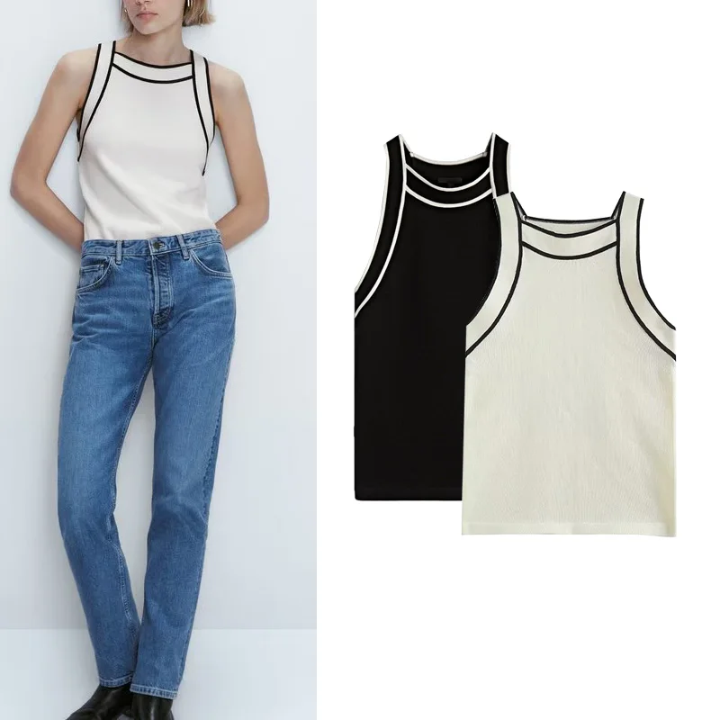 Fashionable Color Block Knitted Short Sleeveless T-Shirt MD Women's New 2024 Collarless Vest Top Polyester Fiber 100%