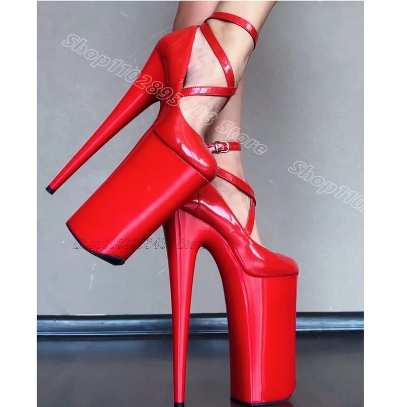 Red Platform Leather 26CM Pumps Stiletto Round Toe Ankle Buckle New Stylish Summer Women Dancing Sexy Shoes Zapatos Para Mujere