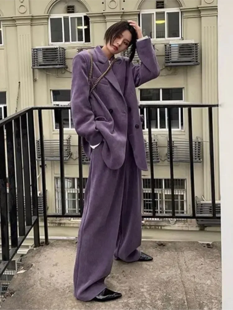 سيدات الأعمال السراويل الدعاوى خمر الشارع سروال قصير عادية مزدوجة الصدر السترة عالية الخصر بنطال ذو قصة أرجل واسعة 2 قطعة تأليف