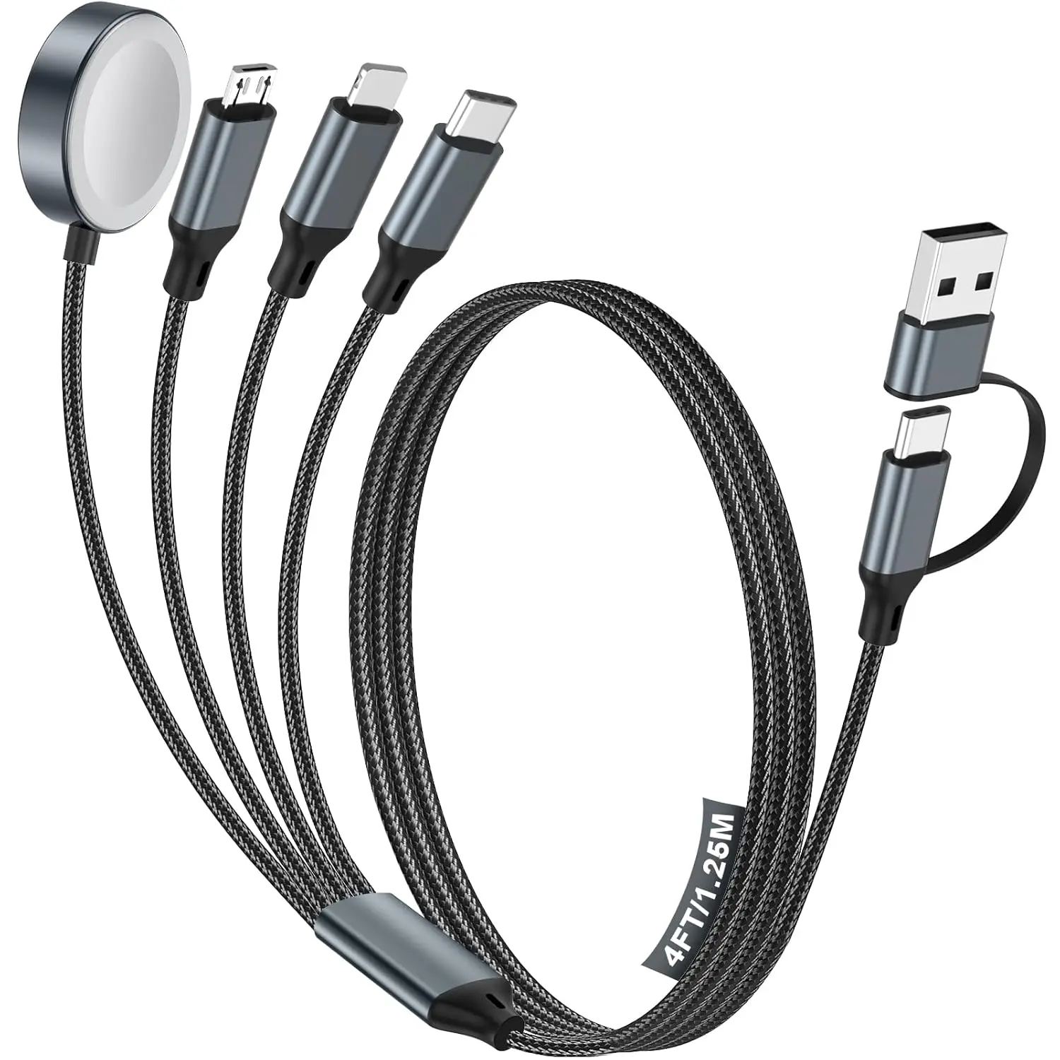 4-in-1 Multi Charging Cable for Apple Watch, iPhone, Samsung, USB A & C, 1.2M Black Travel Essentials