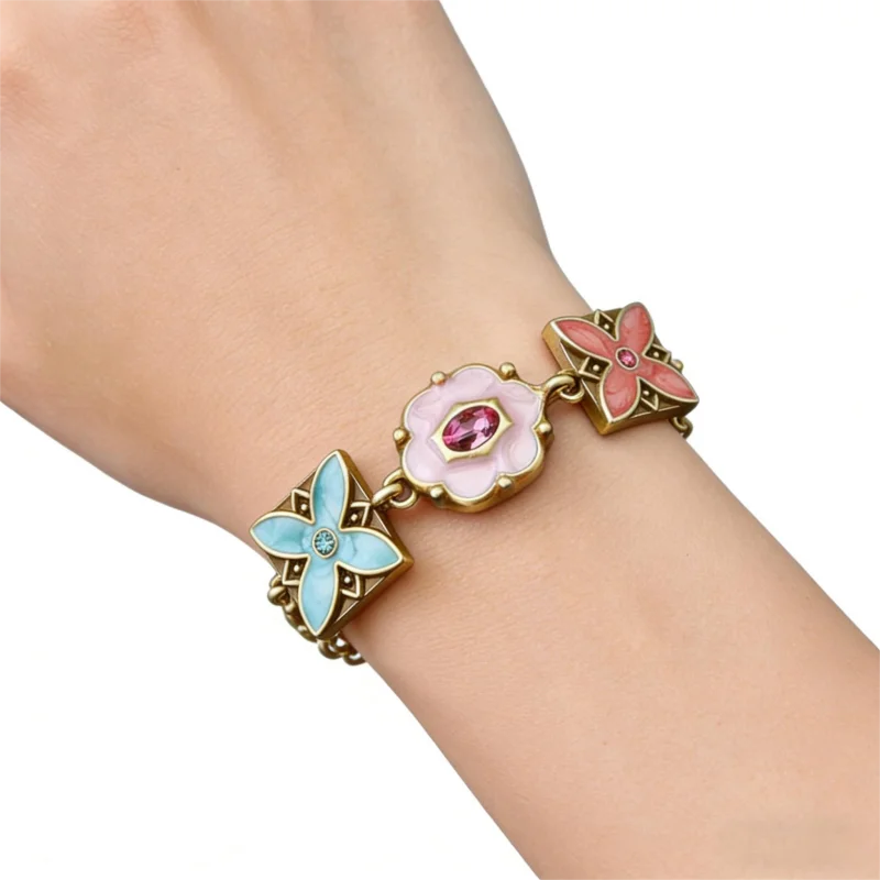 Vintage Floral Enamel Bracelet for Women,  Palace Style Multicolor Glass Jewelry, Elegant Gift for Her