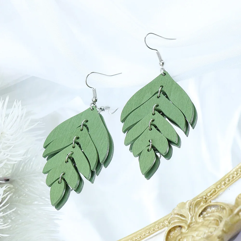 Ethnic Geometric Leaf Wood Retro Drop Earrings For Women Boho Blue Green Gypsy Earrings Orecchini