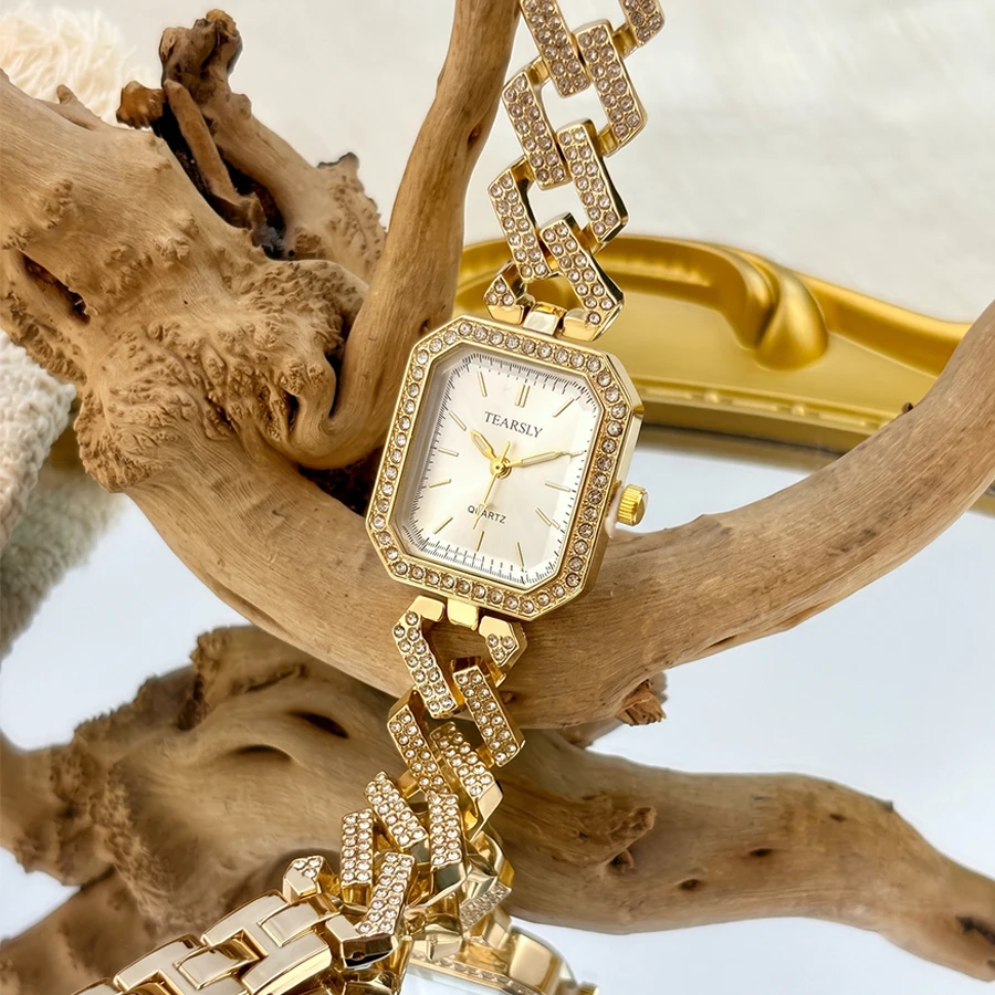 ‌Elegant Rectangular Diamond Dial Diamond Cuban Link Bracelet Gold Watch for Woman