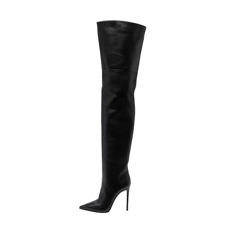 

Arden Furtado 2024 Black cowhide Thin heels Thigh high boots Pointed toe Slip-on High-heeled pretty legs Skinny boots large size