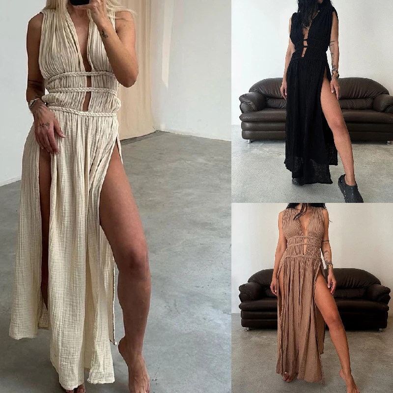 Casual Summer Boho Maxi abiti per le donne 2024 Sexy High Split Hollow Out Flowy Long Dress Beach Cover Ups Party Vestidos