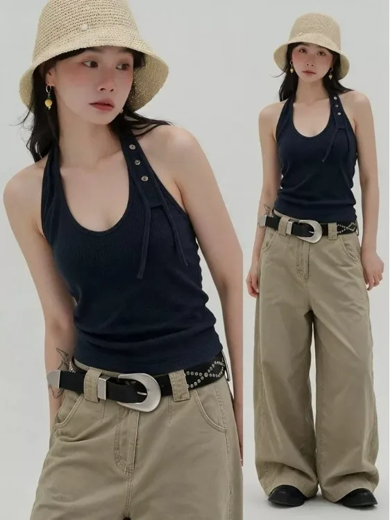 Retro High-End Feeling Sleeveless Neck Hanging Strap Vest Women's Summer Back Exposure Top Korean Style Breathable Polyester