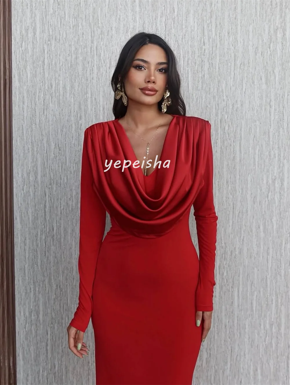 Maßgeschneiderte, schlichte, passende Jersey-Falten, gerüschte, gerade Midi-Kleider mit V-Ausschnitt, maßgeschneiderte Anlasskleider, exquisite, elegante Mode