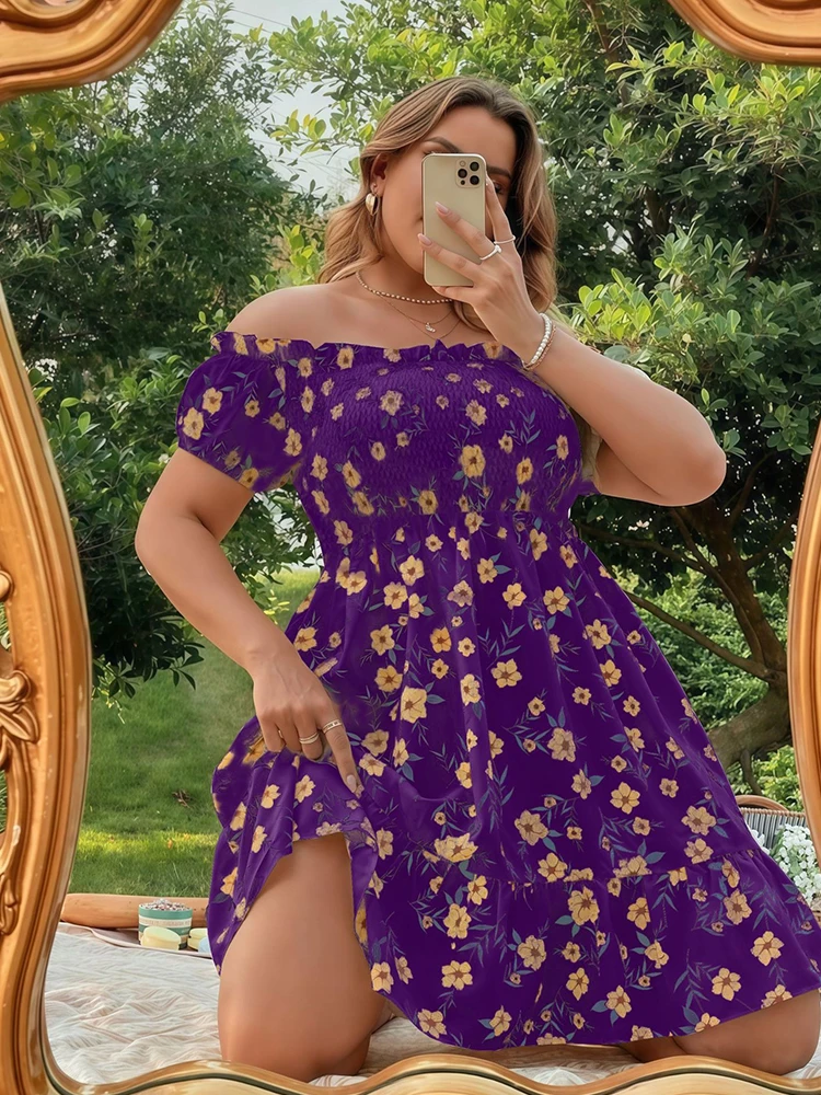 فستان نسائي مطبوع عليه زهور، ملابس للإجازات، فستان صيفي أنيق مرن مكشوف الكتفين، مقاس كبير، فساتين مثيرة لطيفة وقصيرة #2