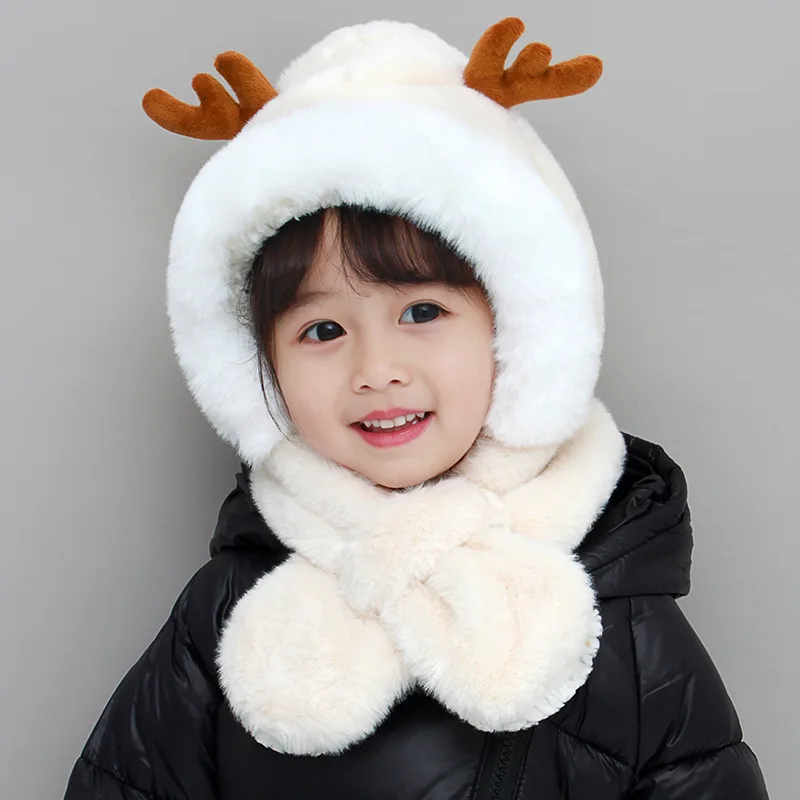 Winter Kids Hat for Boy Girl Cartoon Deer Antler Scarf One-Piece Faux Fur Baby Bonnet Thicken Infant Earflap Cute Christmas Gift