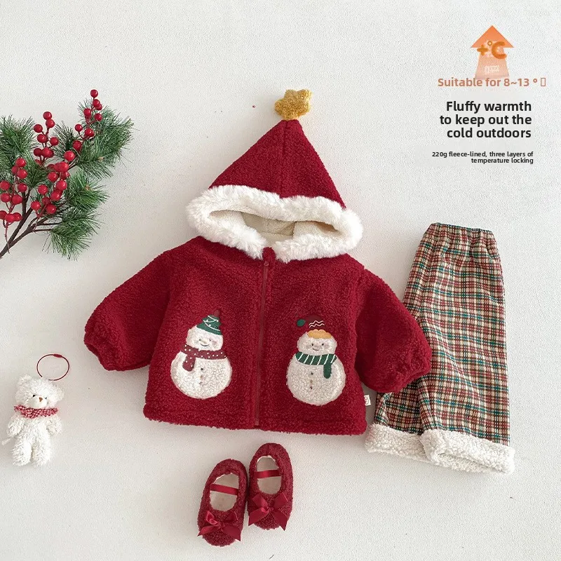 Children's Snowman and Velvet Jacket 2025 New Winter Boys' Thick Christmas Clothes Baby Western New Year's Clothing