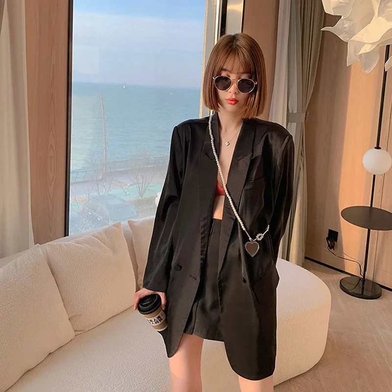 

Spring Autumn Women Casual Black Blazers Double-breasted Long Sleeve Notched Collar Female Thin Suit Jacket Loose Chaqueta Mujer