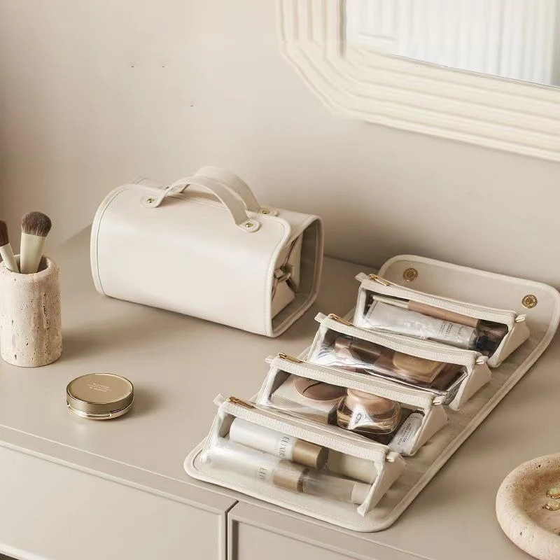 Foldable PU Makeup Bag Solid Color Four in One Detachable Storage Bags Outdoor Dry Wet Separation Waterproof Toileting Pack