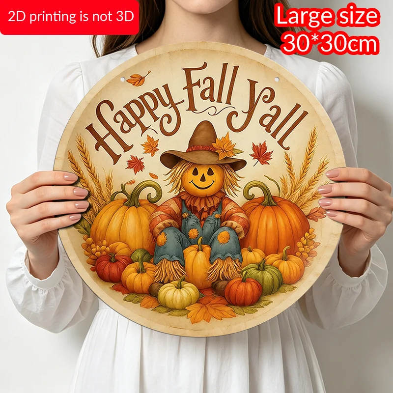 2D Flat, 1pc Scarecrow And Pumpkin Design Round Aluminum Hanging Sign Printed with The Words Happy Fall Y'all
