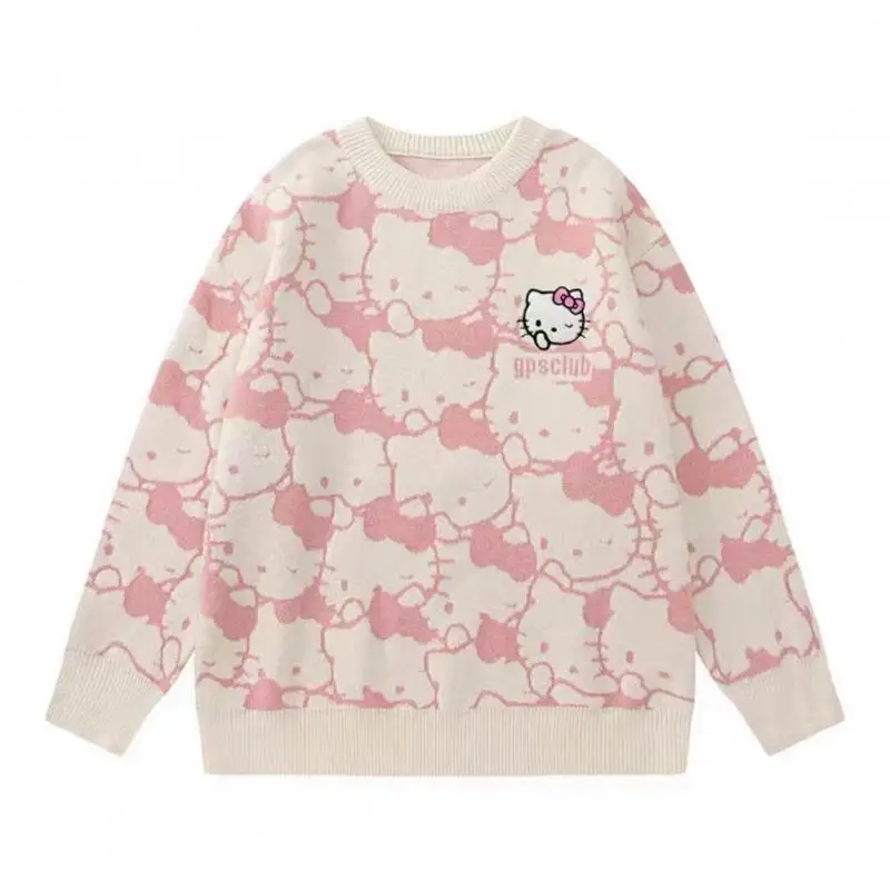 Hello Kitty Sweater Sweet Cute Girl Embroidered Sweater Cartoon Sanrio Loose Round Neck Top Student Lazy Wind Coat Birthday Gift