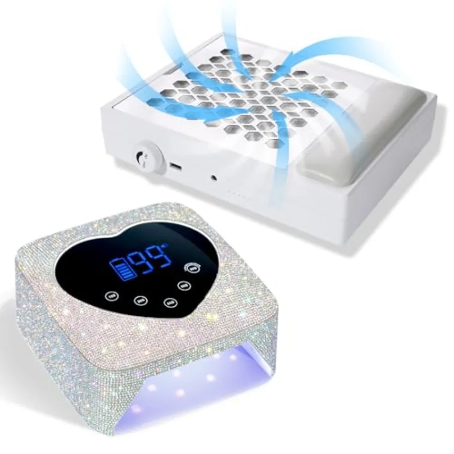 

Nail Dust Collector with Reusable Filters 56W Powerful Vacuum Fan with Hand Pillow UV LED Nail Lamp 72W Rechargeable Sparkly Na