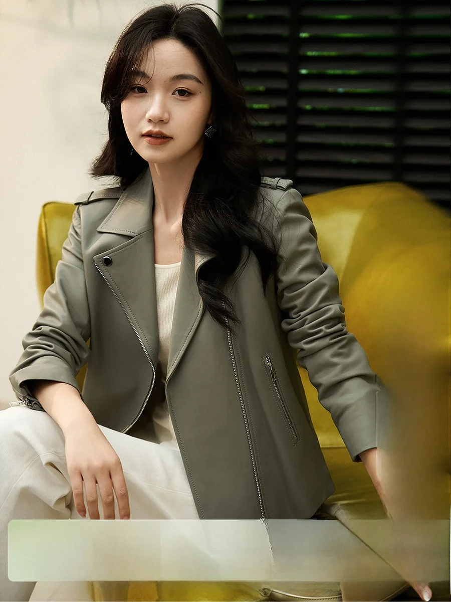 

Кожаная куртка-косуха из овчины Xhange, весна 2026, приталенная, модная, для города, на молнии, прямого кроя