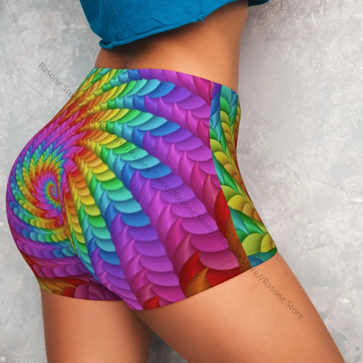 Shorts de ioga feminino psicodélico arco-íris espiral scrunch booty levantamento de bunda conforto fitness academia