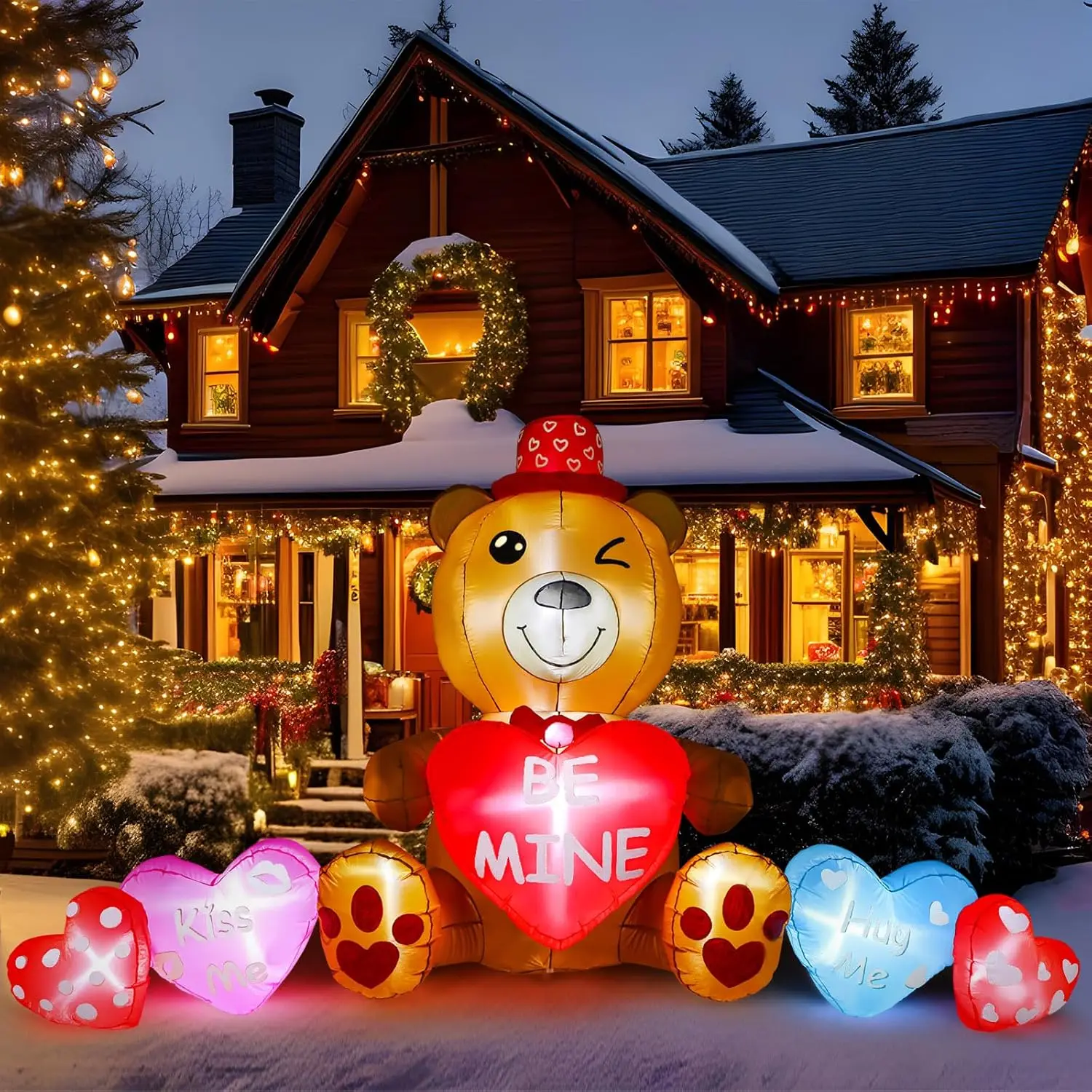 10 ft Valentines Inflatables Outdoor Decorations Blow Up Bear Heart with LED Lights Valentine Decor for Romantic Wedding Patio L