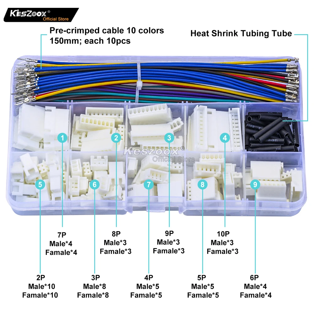 Keszoox JST XHP 2.5mm Male Female Connector Kit, SXH-001T-P0.6 Housing with 22AWG Pre-Crimped Wire, PCB Wire Harness