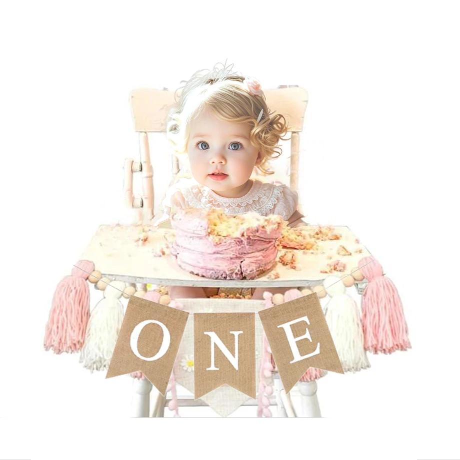 Baby First Birthday Chair Banner Burlap ONE Garland Boy Girl One Year Old Birthday Party Decoration Favors Photo Props Supplies — zdjęcie 3