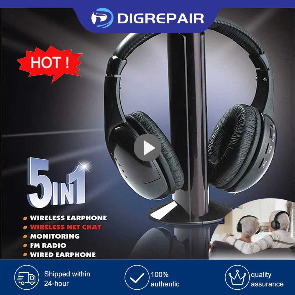 5 In 1 HiFi Wireless Headset For TV Or Computer FM Radio Earphones Noise Cancelling Headsets With Microphone Wireless Receiver