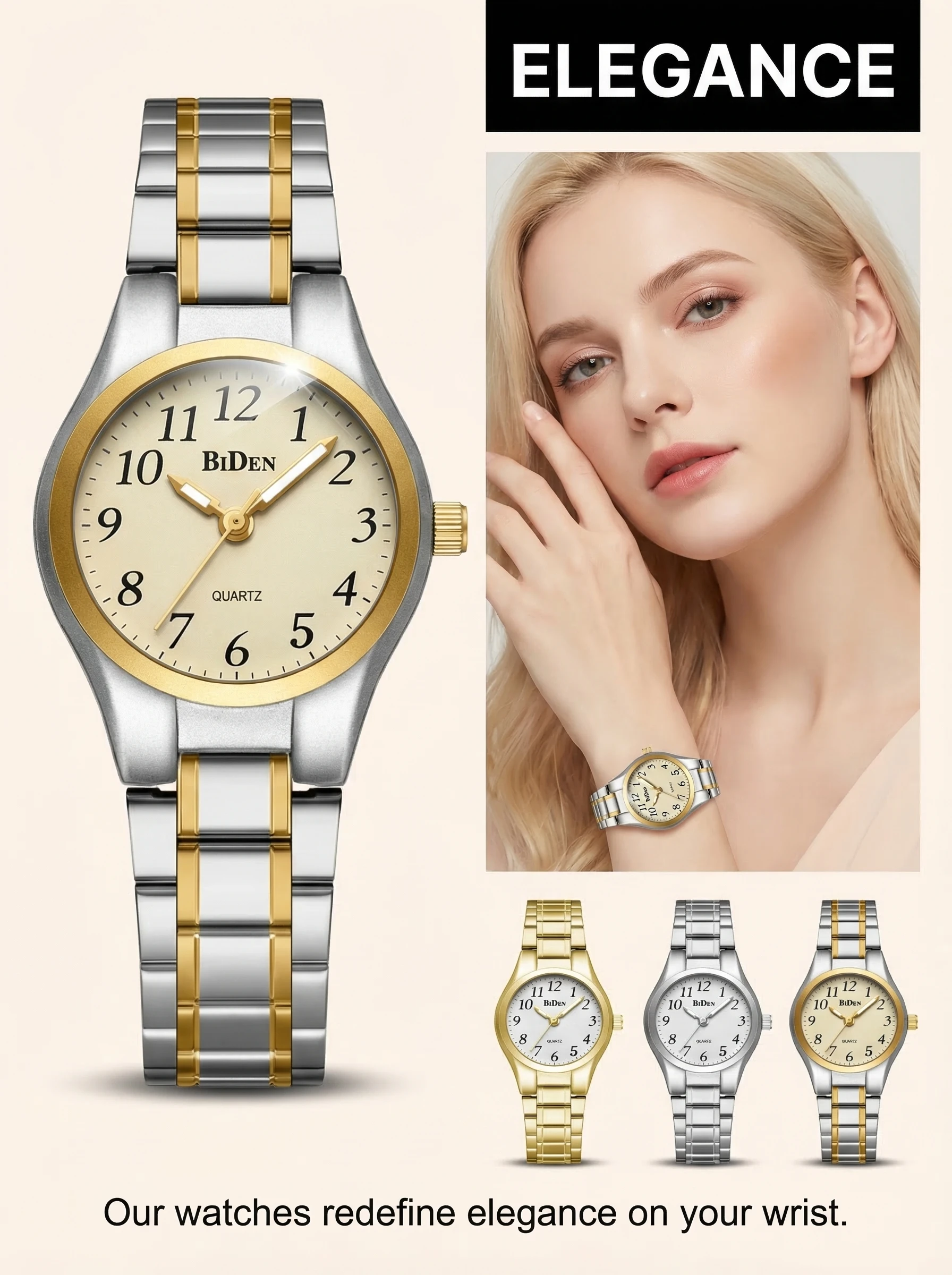 

BIDEN Women's fashion watch with Arabic numerals, easy to read dial, waterproof steel strap, women's quartz watch