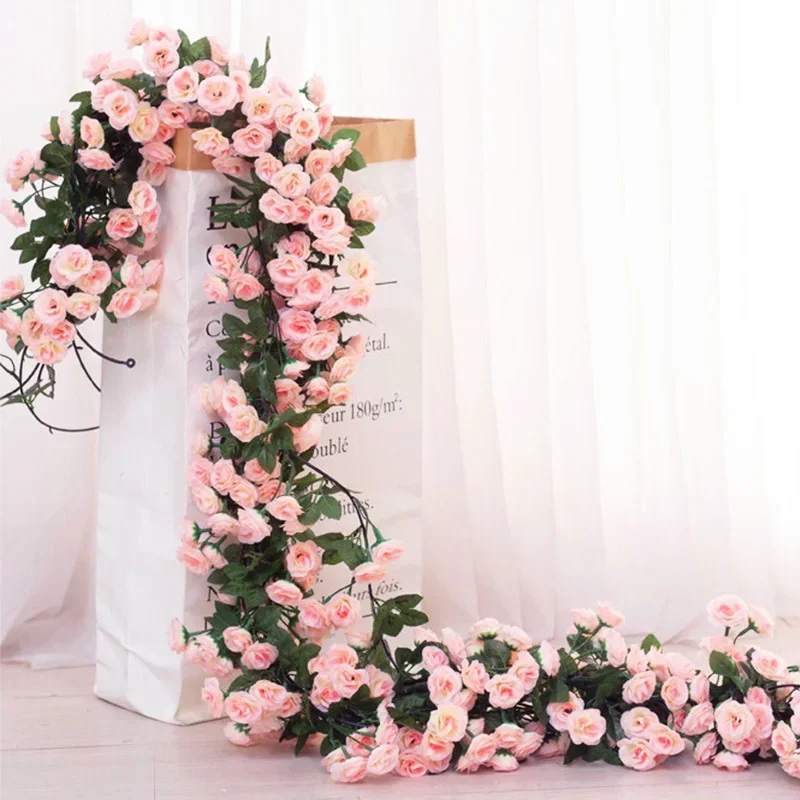 1.8m Rose Artificial Flower Vine for Wedding Garland White Pink Home Room Wedding Decoration Silk Artificial Rose Vine Han