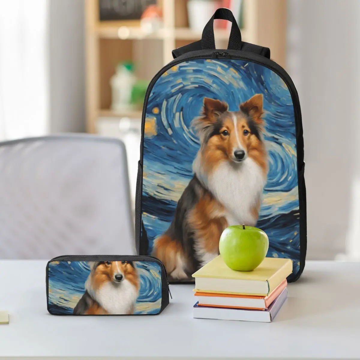 Шетландская овчарка, собака в Ван Гоге, звездная ночь, рюкзак, студенческий рюкзак для мальчиков и девочек, школьная сумка, 3 шт., изолированная сумка для обеда, пенал