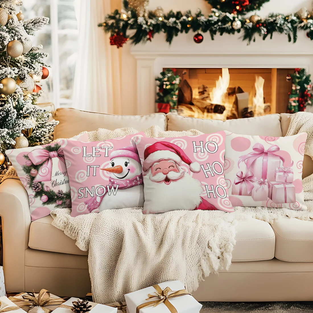 

Pink Santa Claus Snowman Pillowcase Printed Polyester 45x45cm Throw Pillowcover Decorative Sofa Cushion Pillowslip Home Decor