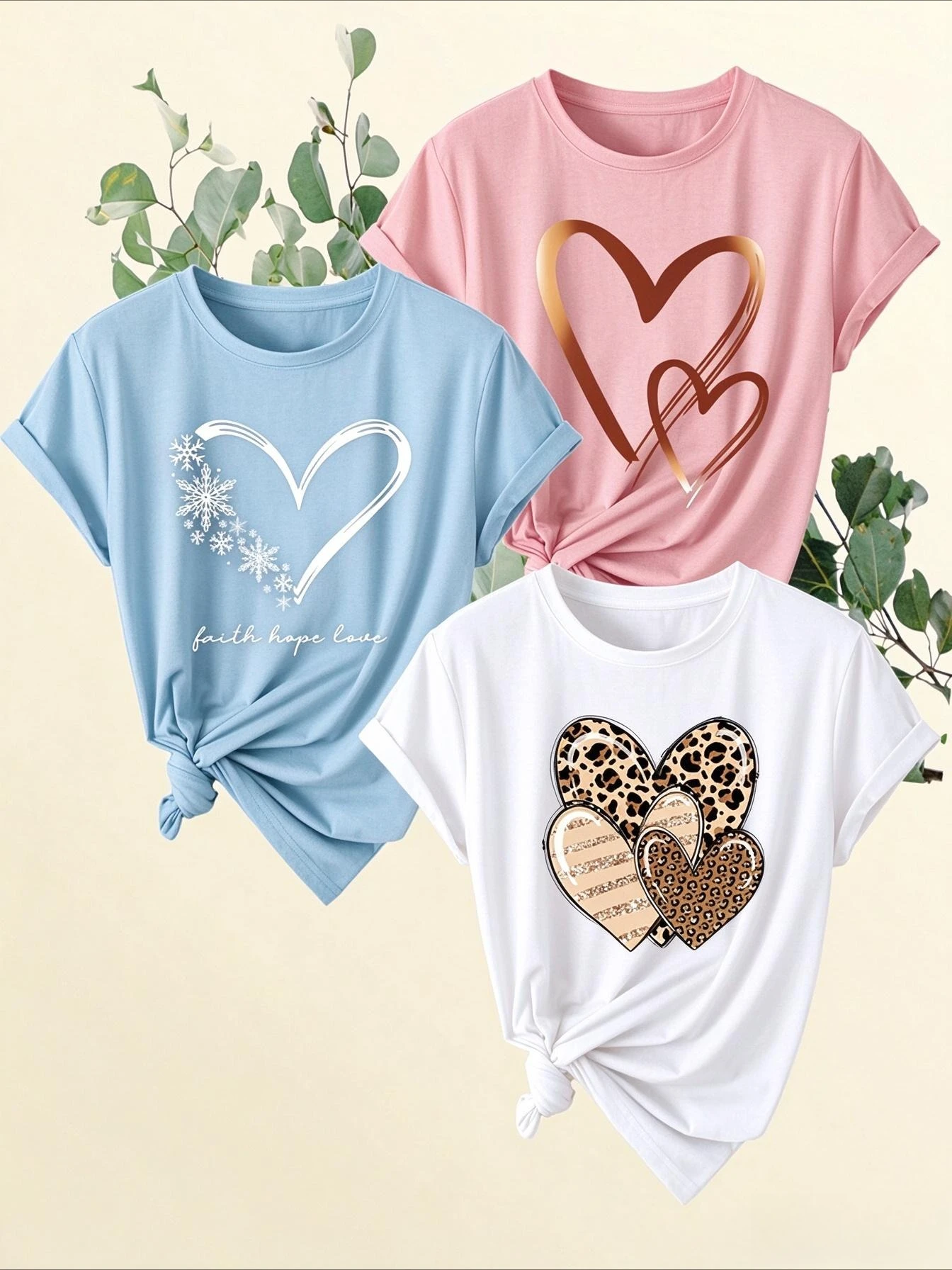 Leopard Heart Graphic Tee Women 3Pcs Summer Fashion Faith Hope Love Printed T Shirt Casual Loose Aesthetic Short Sleeve Tops Plus Size