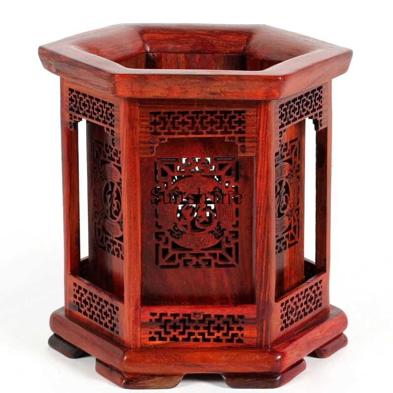 Retro Chinese style creative wooden handicraft ornament hexagonal hollow pen holder