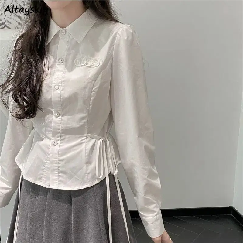 Long Sleeve Shirts Women Preppy Style Lace-up Solid Casual Tops Blouse Mujer Spring and Summer Flattering Waist Bow Loose Chic