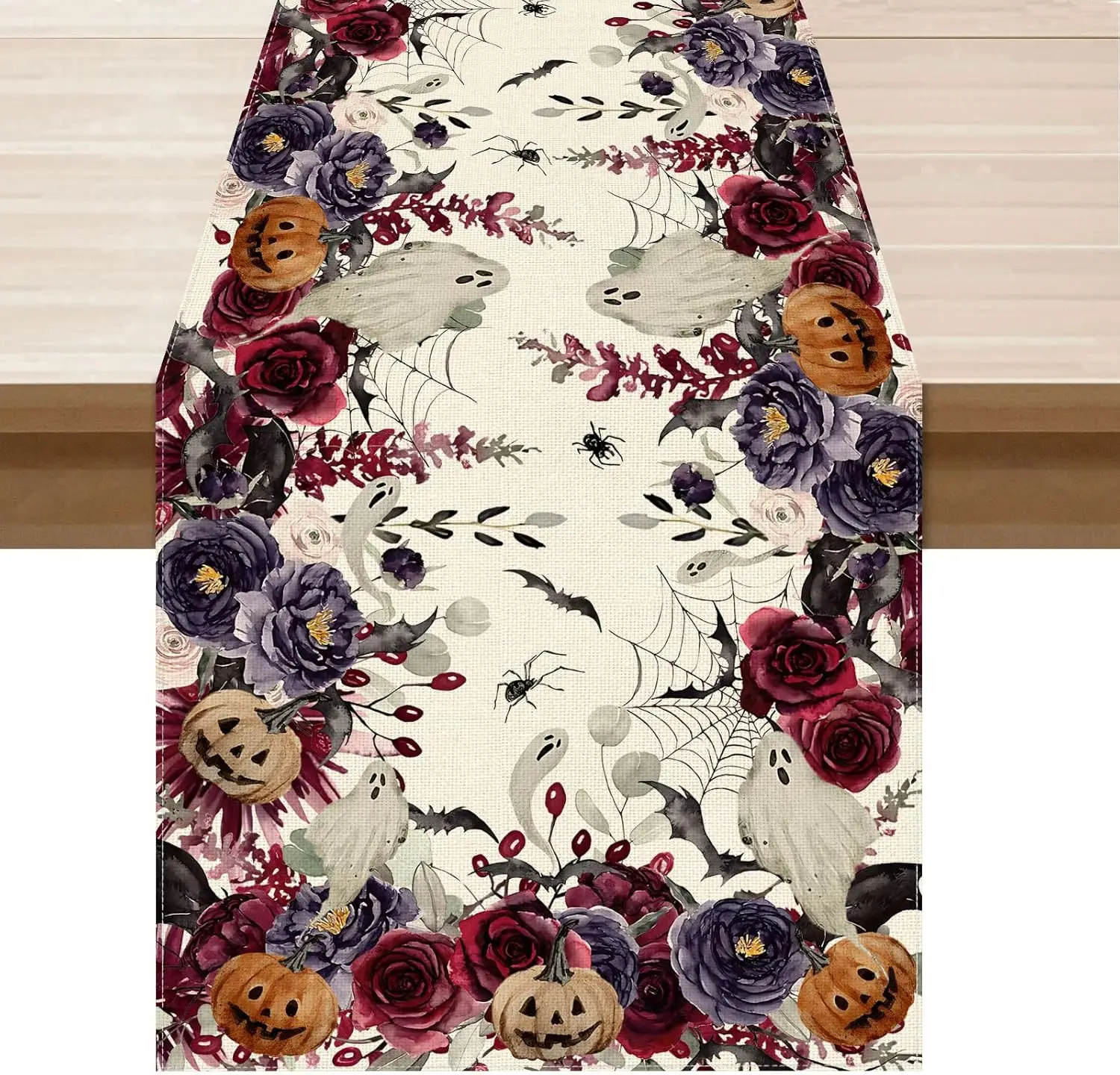 Halloween Flower Spooky Pumpkin Linen Table Runner Party Decor Halloween Theme Kitchen Dining Table Runners Halloween Decoration