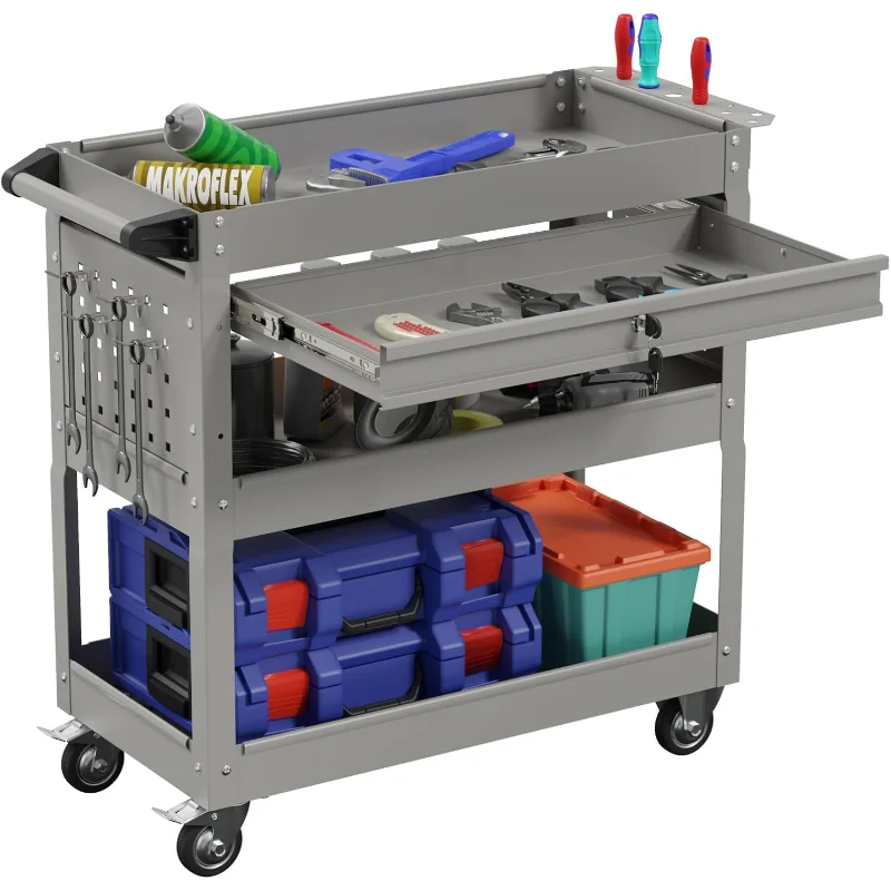 

3-Tier Heavy Duty Utility Cart on Wheels, Rolling Tool Cart on Wheels with a Drawer, 350 Lbs Load Capacity Service Cart