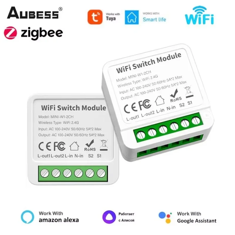 Tuya Wifi / Zigbee 16A Mini Smart Switch 1/2/3/4 Gang Support 2-way Control With Smart Life Alexa Google Home Yandex Alice