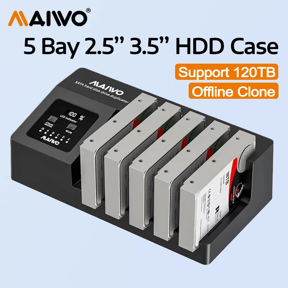 

MAIWO 5 Bay 2.5 3.5 Inch HDD SSD Enclosure Support 120TB 5Gbps Speed SATA to USB 3.0 HDD Case with Offline Clone Digital Display