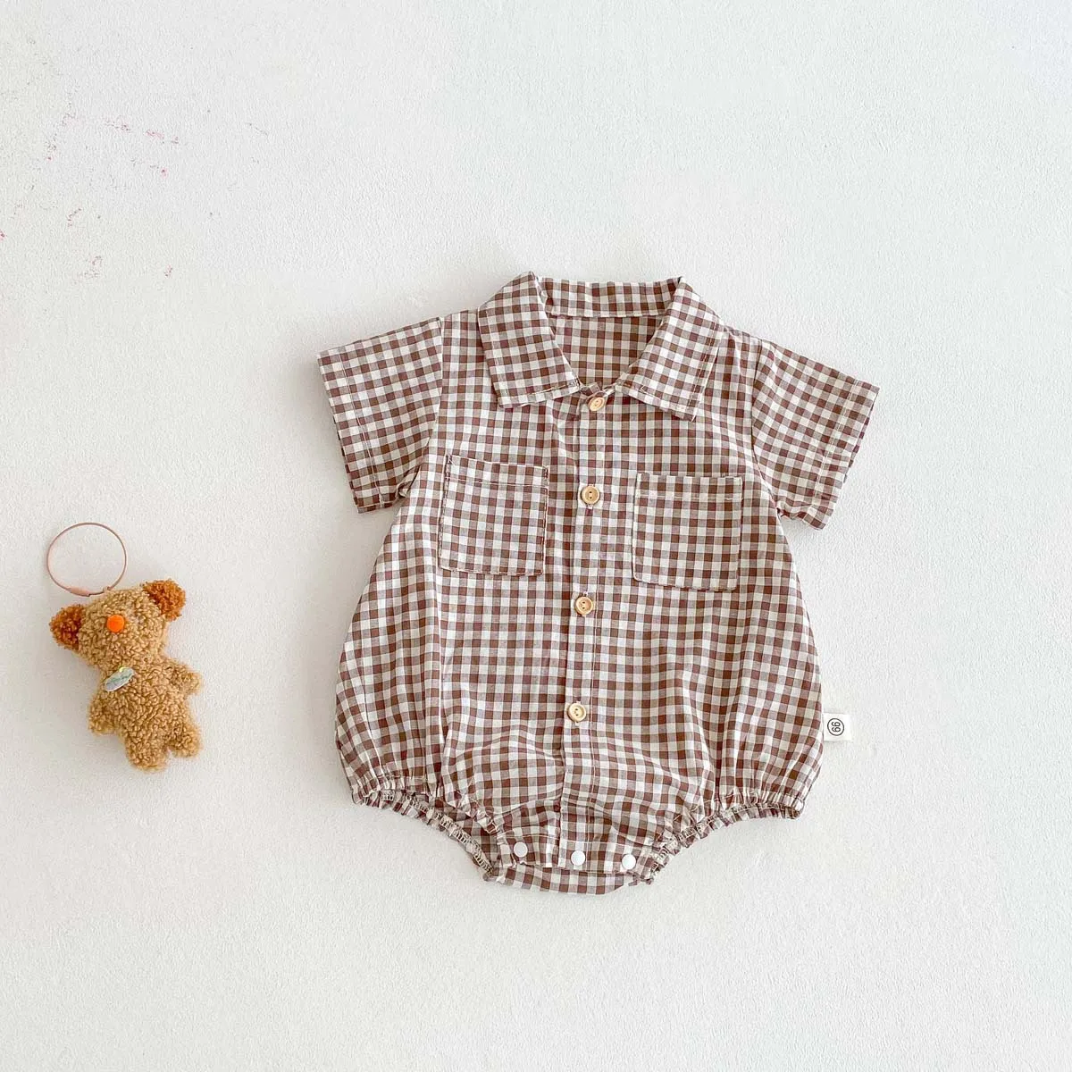 New Boys' Summer Shirt Plaid Short Sleeved Jumpsuit Baby Korean Version Thin and Handsome Collared Hundred Day Old Clothes