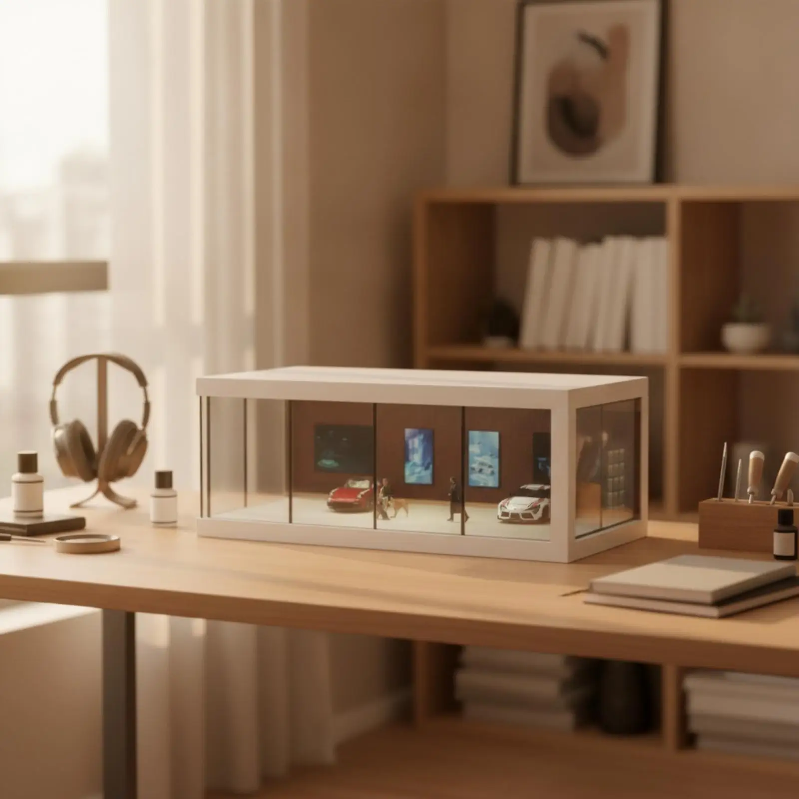 Miniature Car Display Case for 1 64 Scale Diecast Models Acrylic Showroom Scene with Light for Desk Shelf Hobby Use