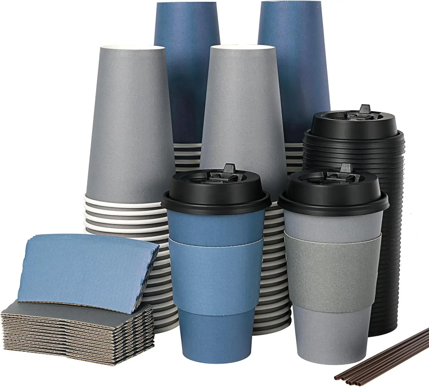 

100 Pack 16 oz Disposable Paper Coffee Cups with Lids, Sleeves and Stirring Sticks for Hot Coffee, Water or Juice, Blue