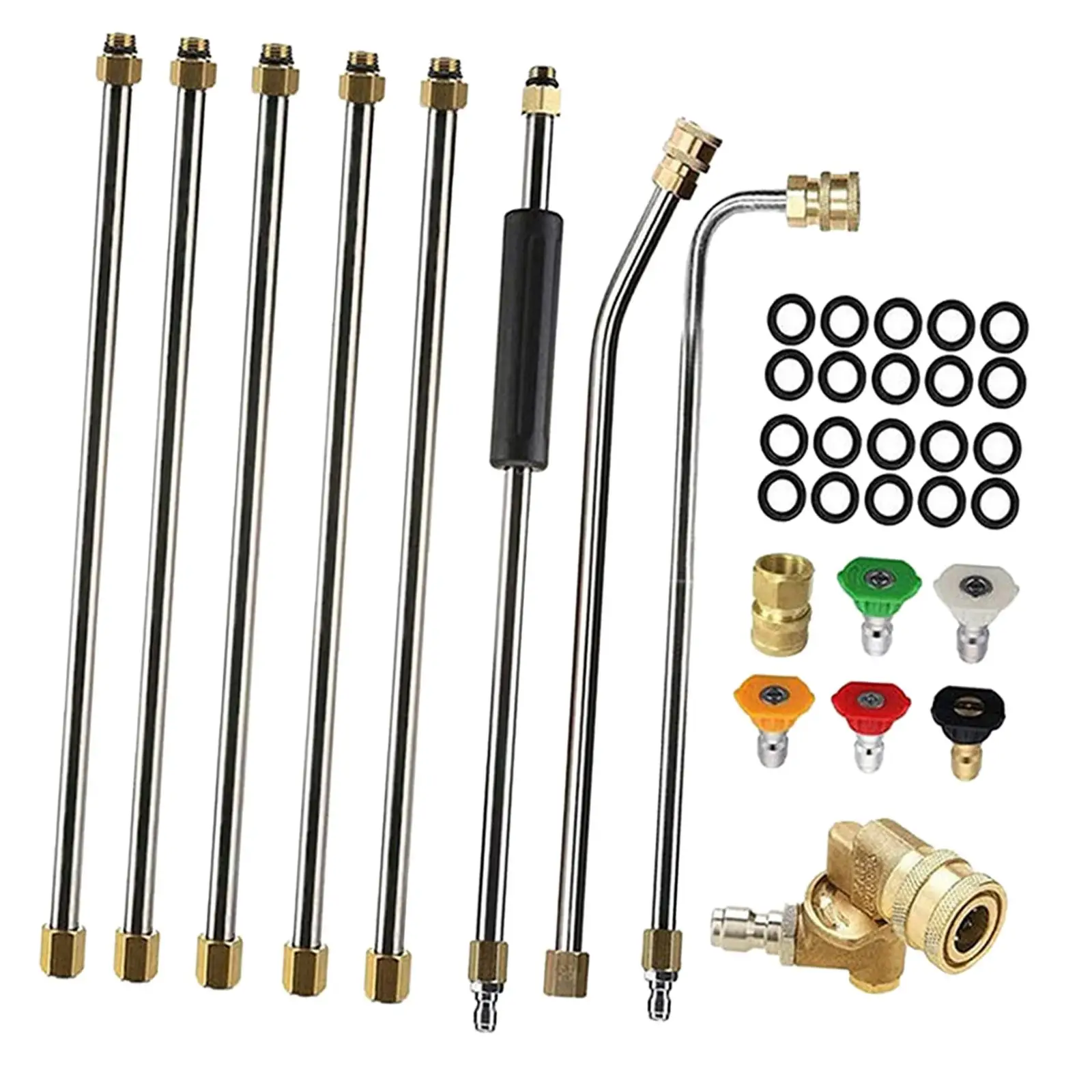 

Pressure Washer Extension Rod with 5 Nozzle Tips 20 Pieces O Circles Coded Nozzles 1/4’’Quick Connect 30°, 90° Curved Rod