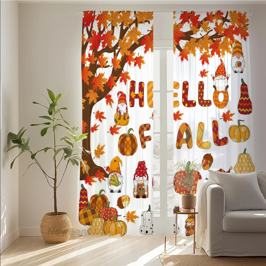 2PCS Digital Print Sheer Curtain, Fall Maple Leaf Pumpkin Gnome Hello Fall Window Drapes for Living Room Bedroom Home Decor