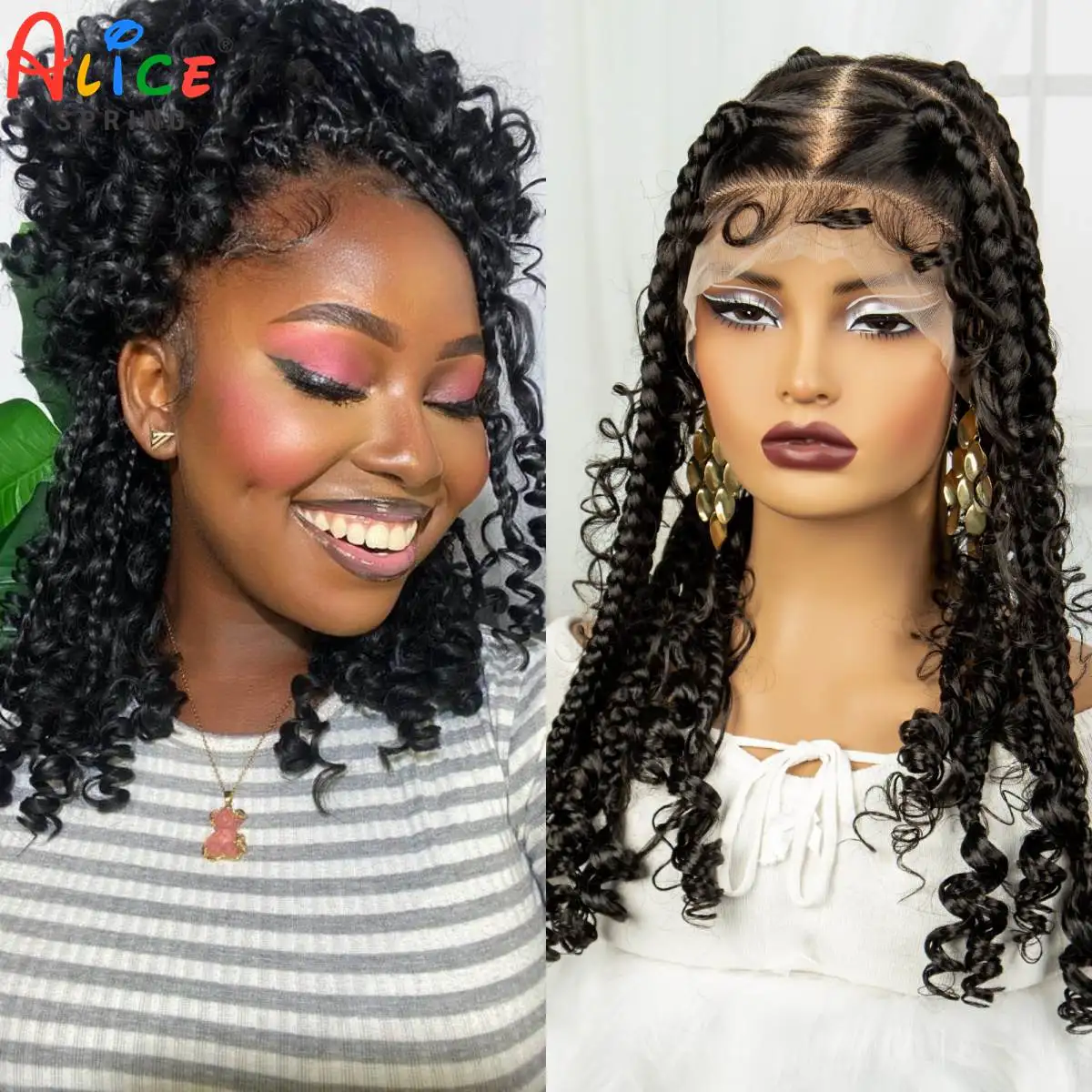 

Full Lace Knotless Box Braided Wigs Synthetic Boho Braided Wigs with Curly Ends Lace Frontal Cornrow Braided Wig for Black Women
