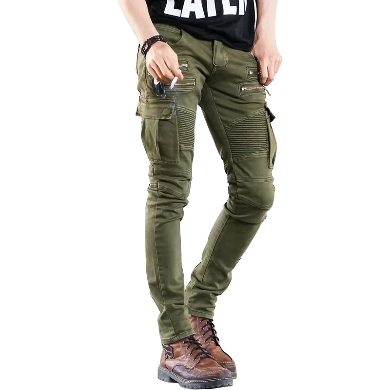 Fashion Fold Men Stretch Pleated Biker Cargo Jeans Zipper Skinny Slim Fit Trouser Hiphop Punk Multi Pocket Denim Pant XJ371