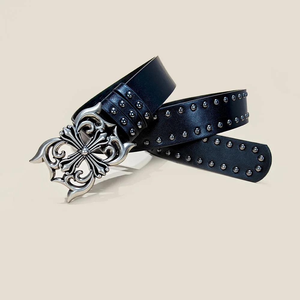 Unisex Jeans Belt Female Punk 3.8cm Wide Belts For Women Plus Size Luxury Designer Cross Men's belt Gothic Rivet Waistband Male
