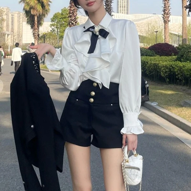 Spring Vintage French Bowknot Ruffles Design Sense Shirts Blusas Mujer De Moda 2024 Single-breasted Satin High Grade Blouses