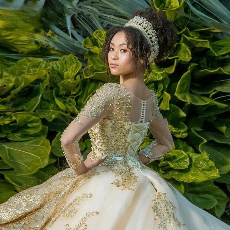 Gouden Quinceanera Jurk Kanten Parels Baljurk Vestidos Para 15 Vestido Años Glitter Lange Mouw Lovertjes Verjaardag Prom Jurk