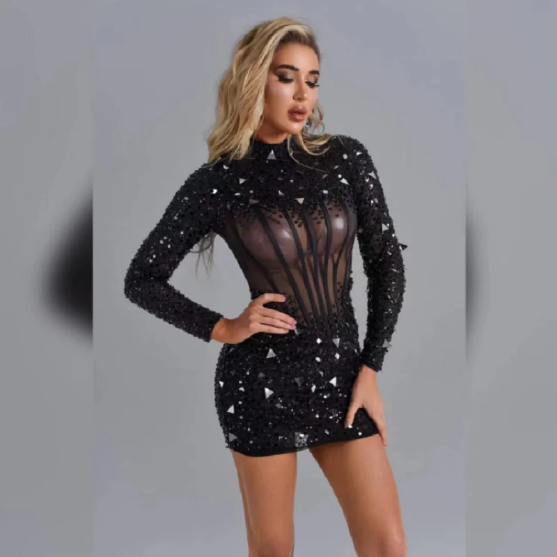 

2022 Newest Design Sequined Beaded Black Long Sleeves See Through Formal Evening Gowns Party Middle East Women Dress Vestidos